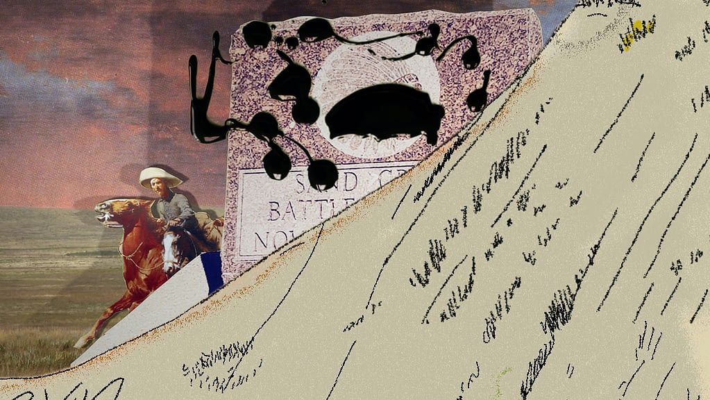 Composite of two animation images. On the left is a white man on horseback near a monument splattered with oil, on the right is a handdrawn mountain