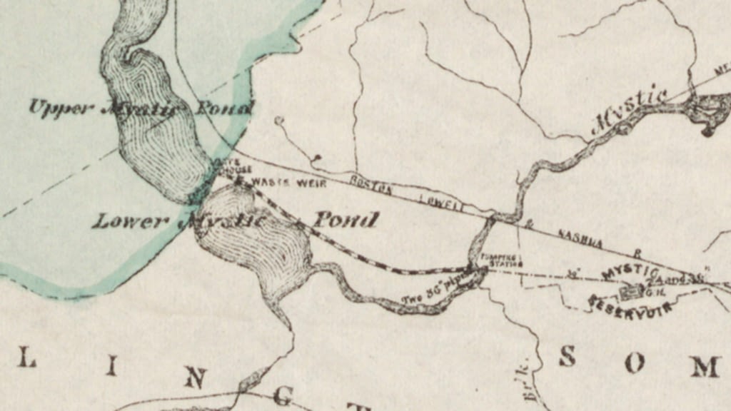 Closeup of vintage map showing Upper and Lower Mystic Ponds
