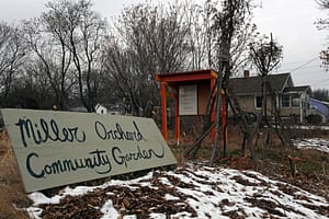 Winter with Art & Ecology infrastructure at Miller-Orchard Community Garden