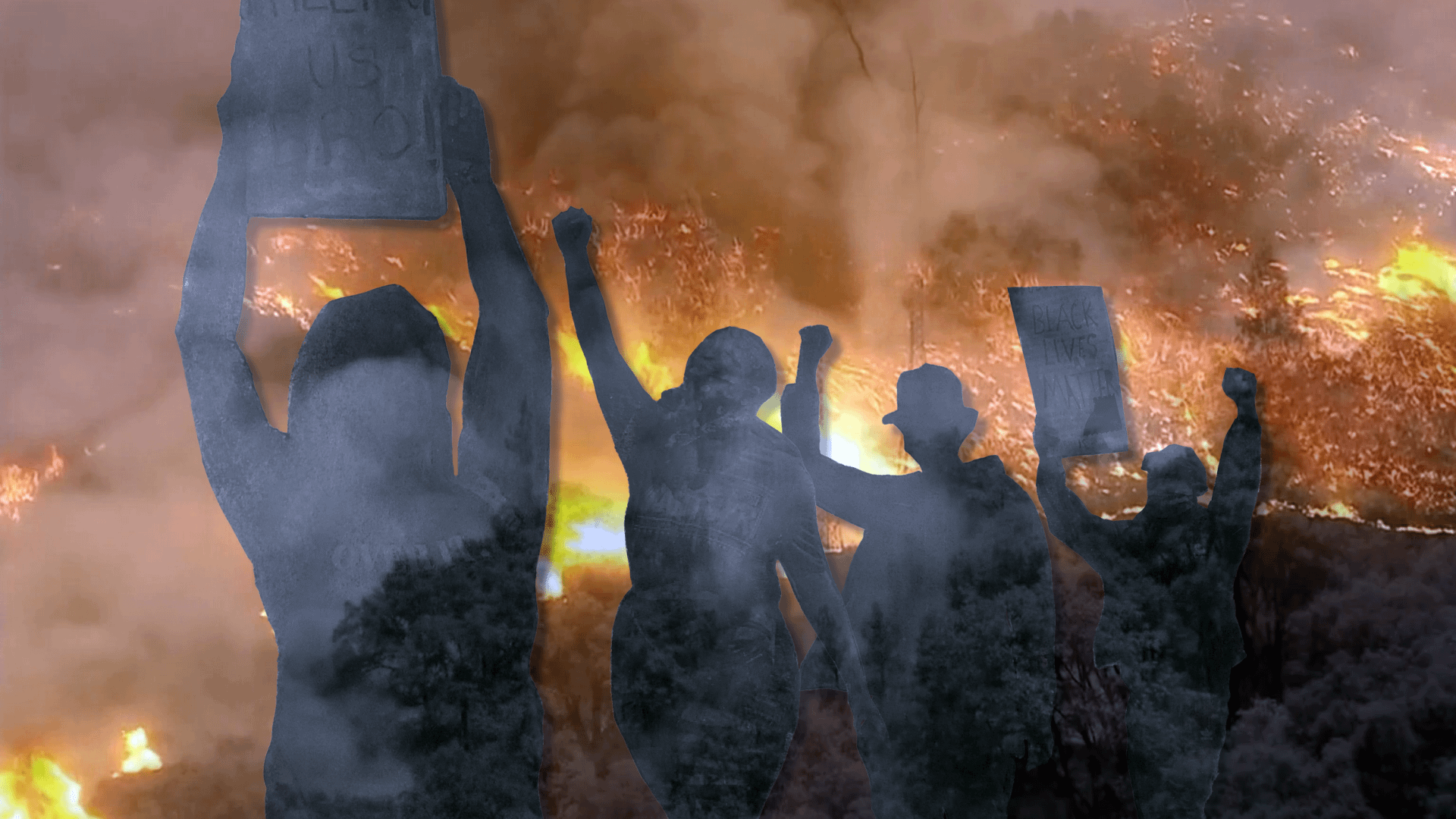 Cut-paper silhousettes of protestors in front of burning forest with composited smoke