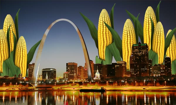 Campy image of corn ears growing above the St. Louis Arch