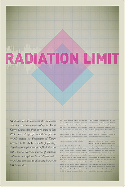 Poster for Radiation Limit with title of work in pink all-caps, sans serif font over two diamonds, one pink and one blue, superimposed to create purple. Poster background is graph paper, there is text at the bottom illegible at this zoom level.