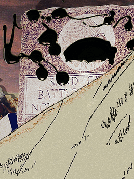 Composite of two animation images. On the left is a white man on horseback near a monument splattered with oil, on the right is a handdrawn mountain