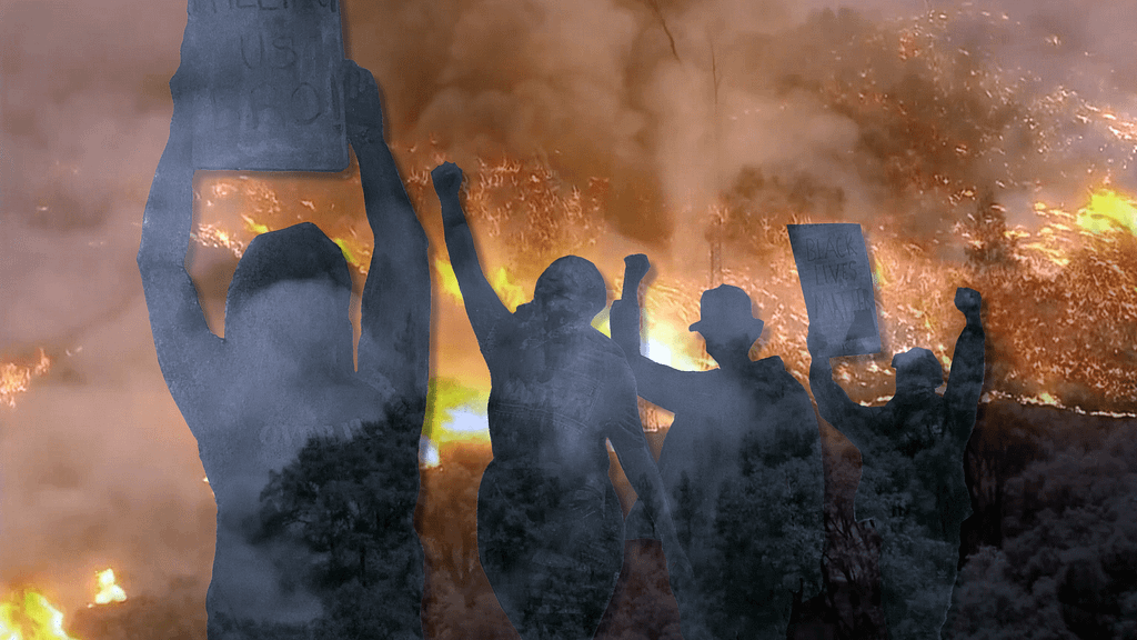 Cut-paper silhouettes of protestors in front of burning forest with composited smoke