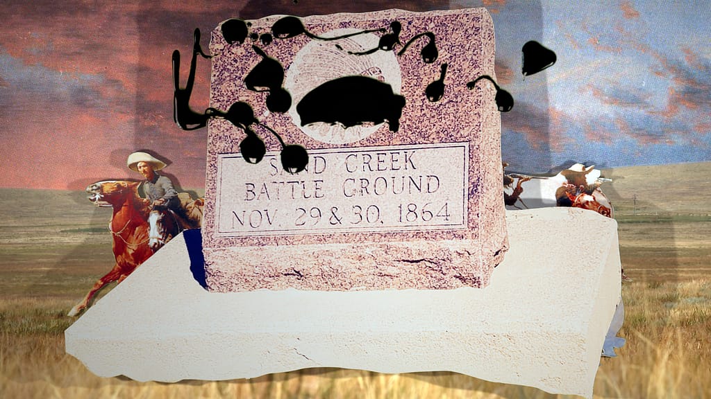 The collaged image of a monument to the Sand Creek Massacre is defaced with an oil-like substance and rises over a cutout from a Frederick Remington painting over a fracking pad in the background.