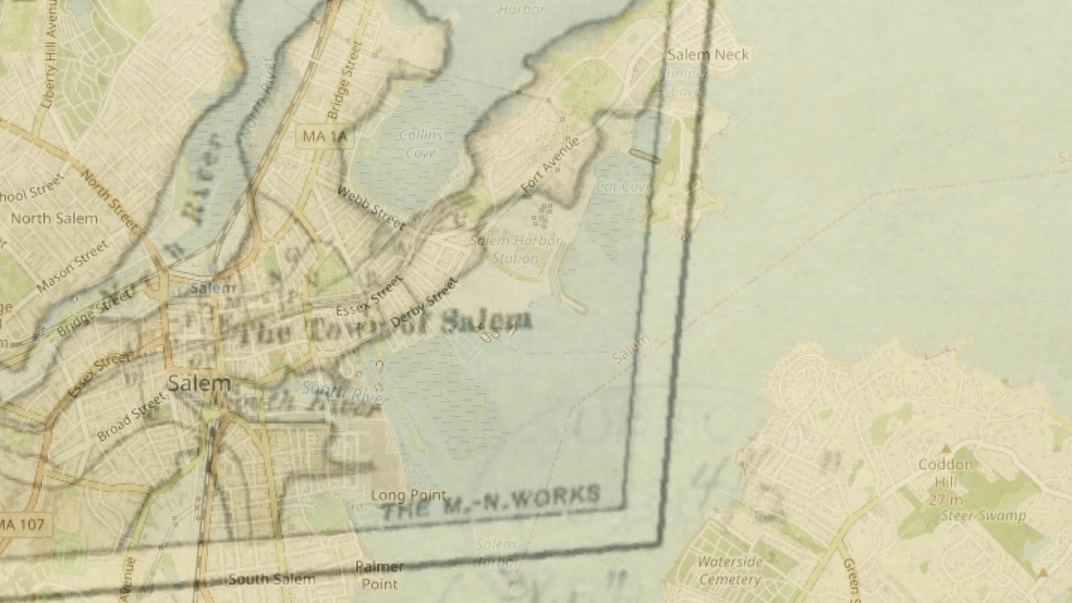 Contemporary digital map of the Town of Salem overlaid with a historic map.