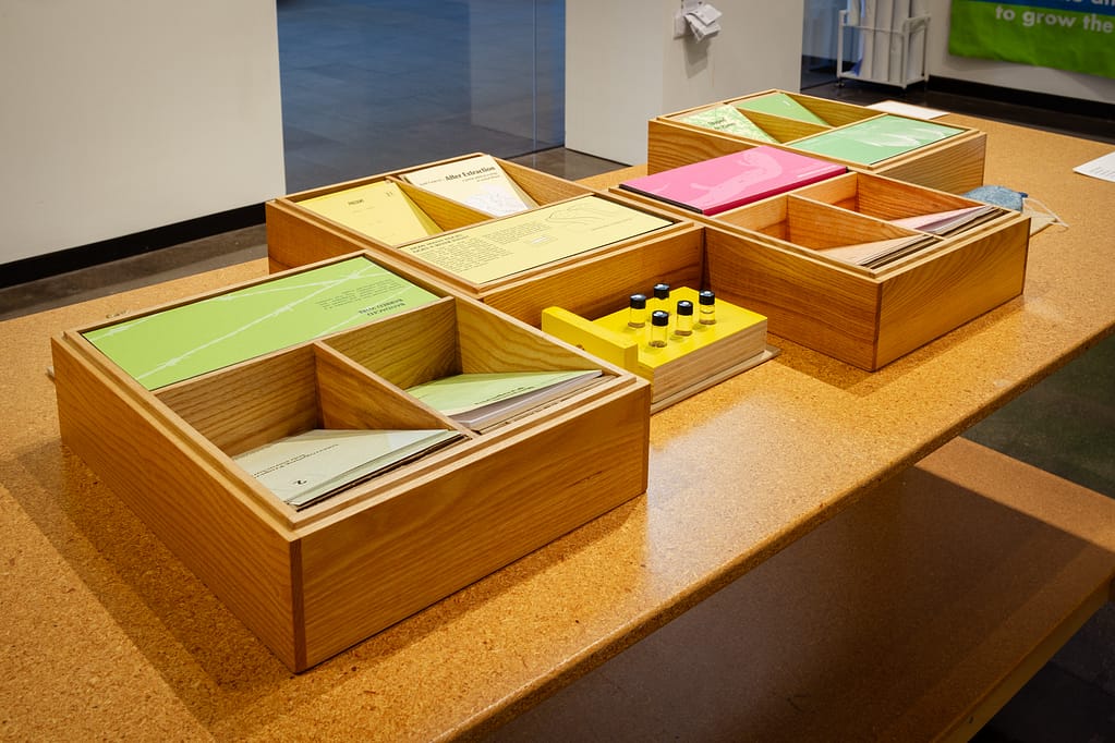 A series of wooden, open top boxes containing colored texts on a wooden table