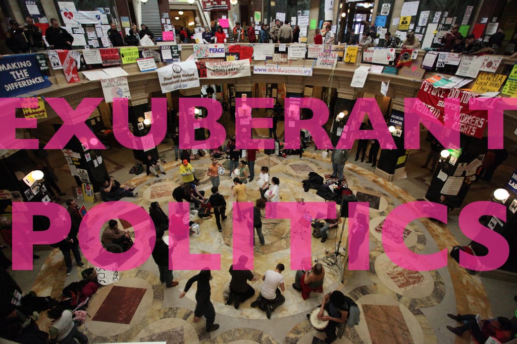 Image of demonstration in a state capital building with overlaid pink letters reading Exuberant Politics