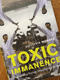 Book Cover of "Toxic Immanence" showing 4-way mirrored and fragmented image of a figure with a white lab coat pointing into the center