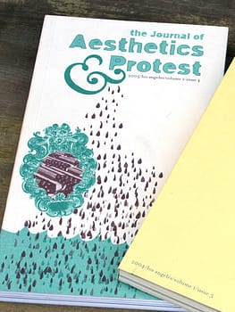 Issue 4 of the Journal of Aesthetics and Protest, with a semi-abstract, green and brown design on the cover.