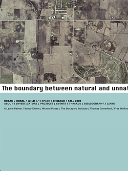 Screenshot of website showing satellite imagery on top and mint green color on bottom. Text reads "The boundary between natural and unnat"