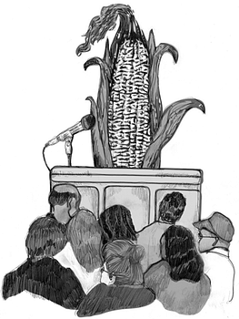 Courtroom style sketch showing a giant ear of corn testifying in front of a human audience.