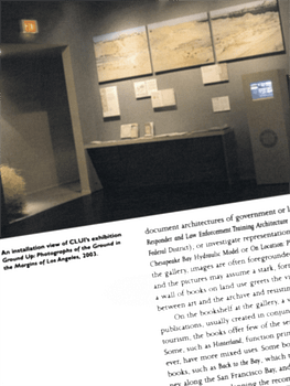 Angled image of article layout with a blurry image of a spare exhibition on gray walls over blurred text.