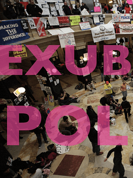 Cropped pink text over a photograph of protesters occupying a government building. Text reads "Exub Pol" on two lines