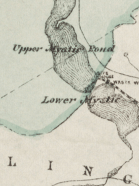 Closeup of an antique map showing upper and lower Mystic Pond