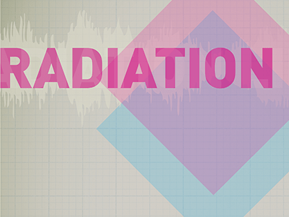 Detail of poster showing a waveform in te background of the text "radiation" and the pink and blue diamond overlays.