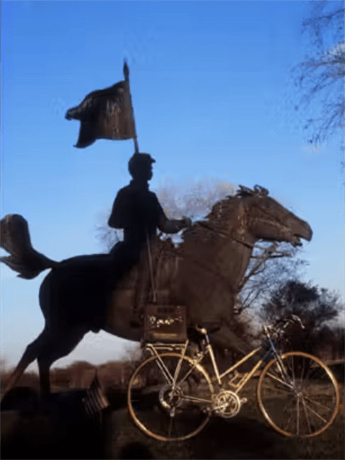 Super-saturated image showing a bicycle with a cargo crate leaning on a monument with a flag-holding solider on horseback.