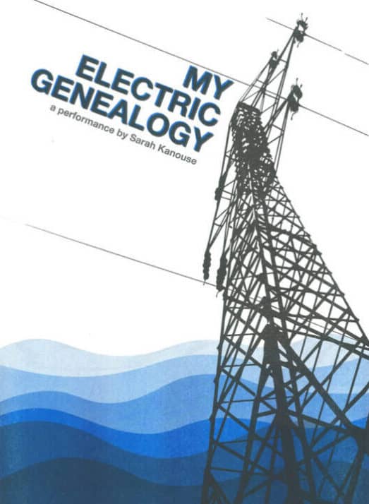 Blue and white risograph poster with image of electric transmission tower and waves. Text reads "My Electric Genealogy: a performance by Sarah Kanouse"