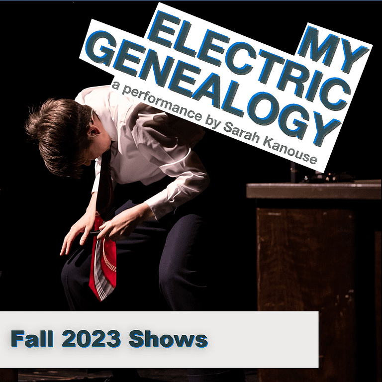 The artist in a white dress shirt and red tie in a crouching position. The words "My Electric Genealogy" and "Fall 2023 Shows" are superimposed on the image.