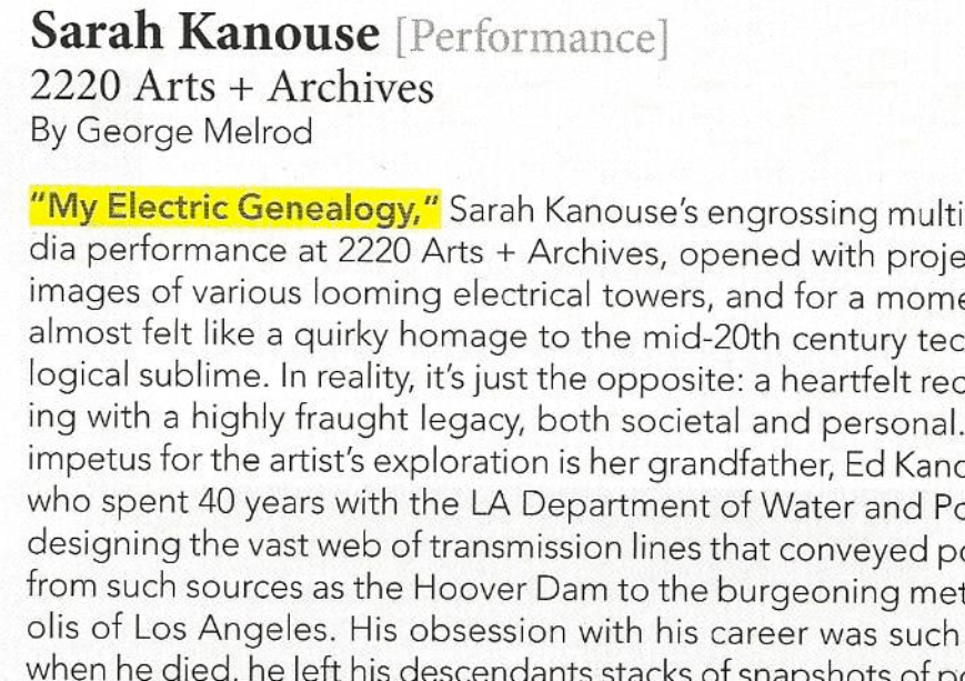 Screenshot of review of "My Electric Genealogy" at 2220 Arts + Archives by George Melrod. Not intended for screen reading.